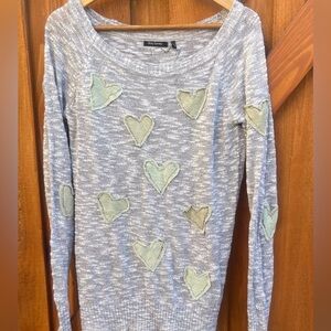 Distressed Hearts Scoop Neck Sweater Upcycled Patch Slouchy Boho Grunge Vintage